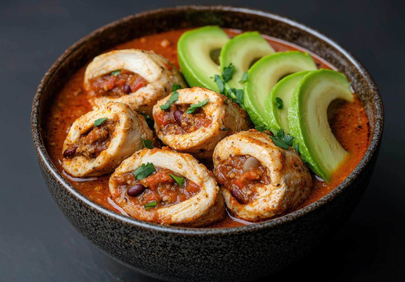 Spicy chicken rolls with avocado slices in a bowl photo