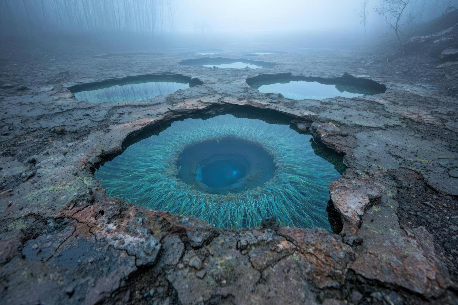 Mystical turquoise pools in a misty landscape photo