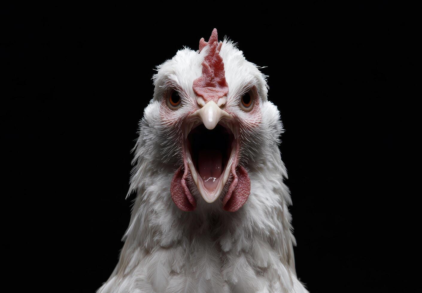 Close up of a white chicken with an open beak photo