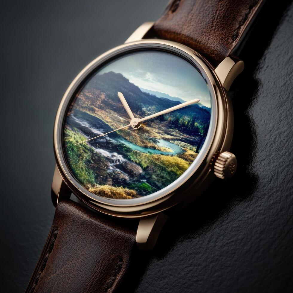 Stunning mountain landscape reflected in watch face photo