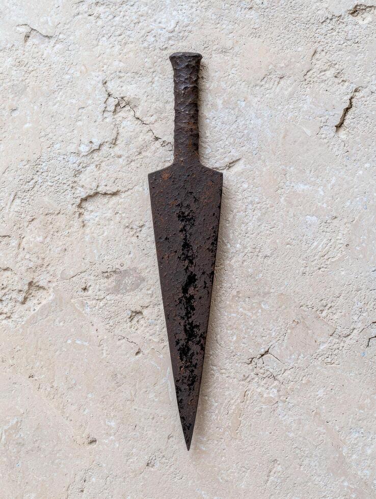 Rusty old dagger on cracked concrete wall photo