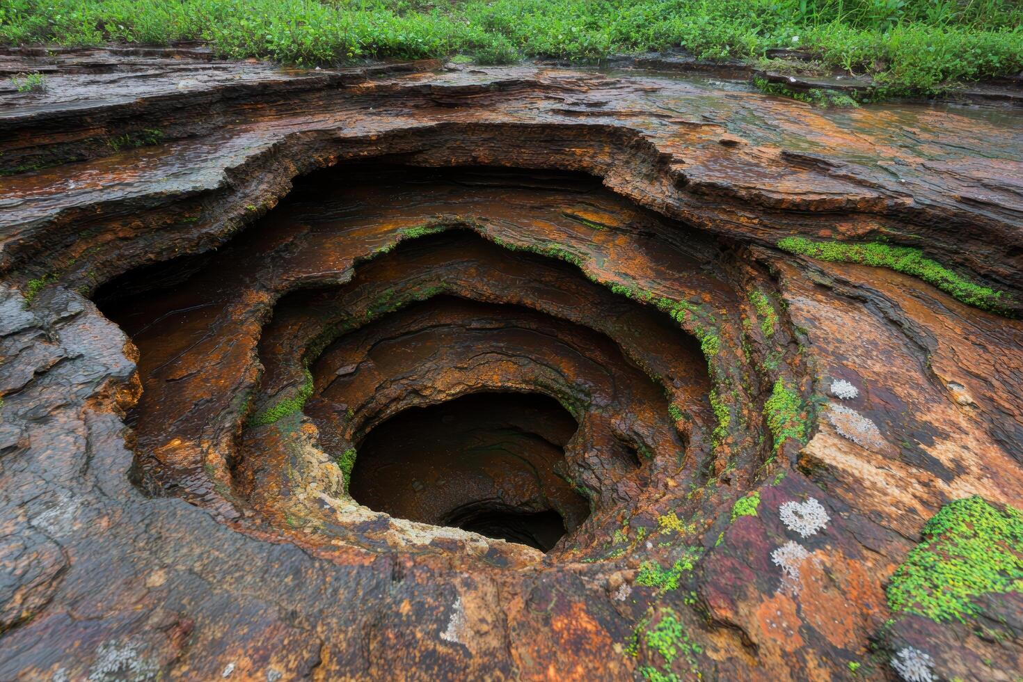 Colorful rock formations and moss in a natural stream photo