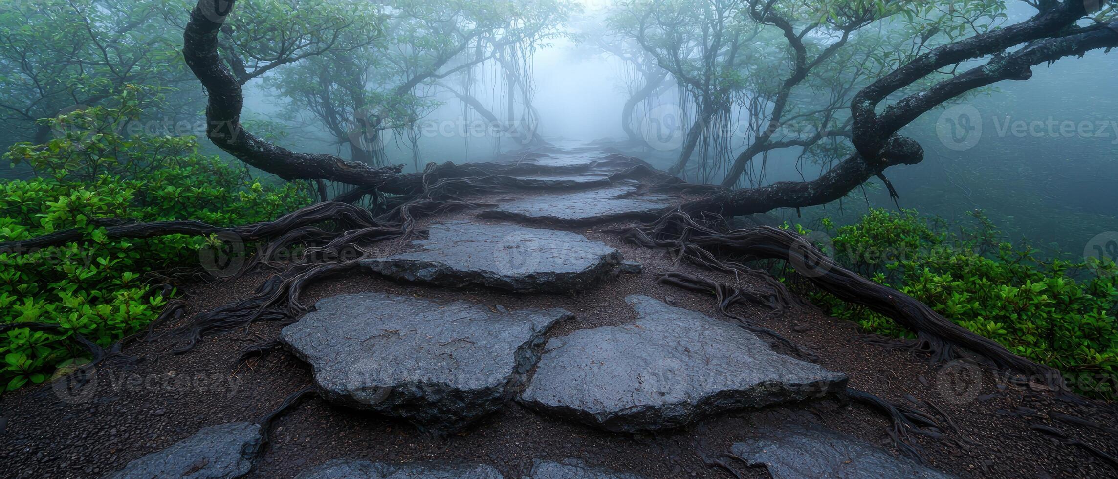 Mysterious forest path through twisted roots and fog photo