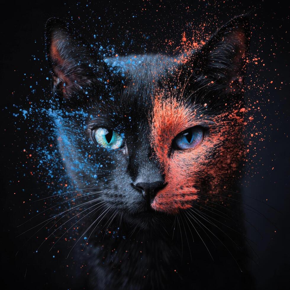 Vibrant feline portrait with abstract splash effects photo