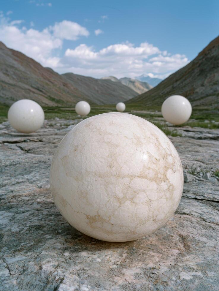 Surreal stone spheres in mountain landscape photo