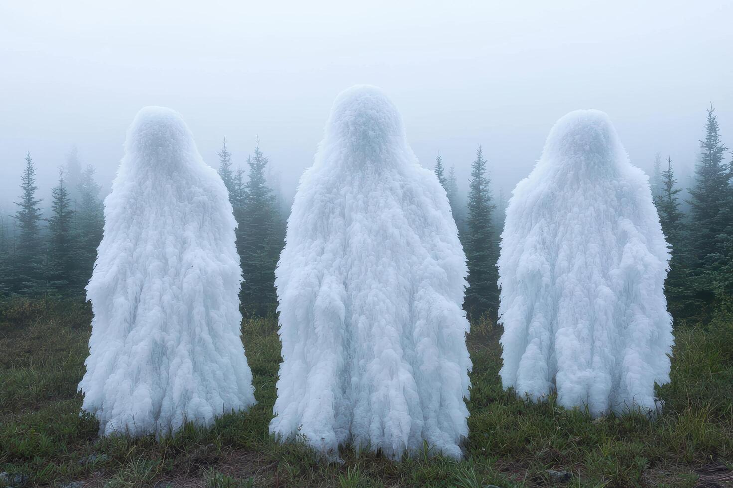 Mysterious snow covered trees in a misty forest photo