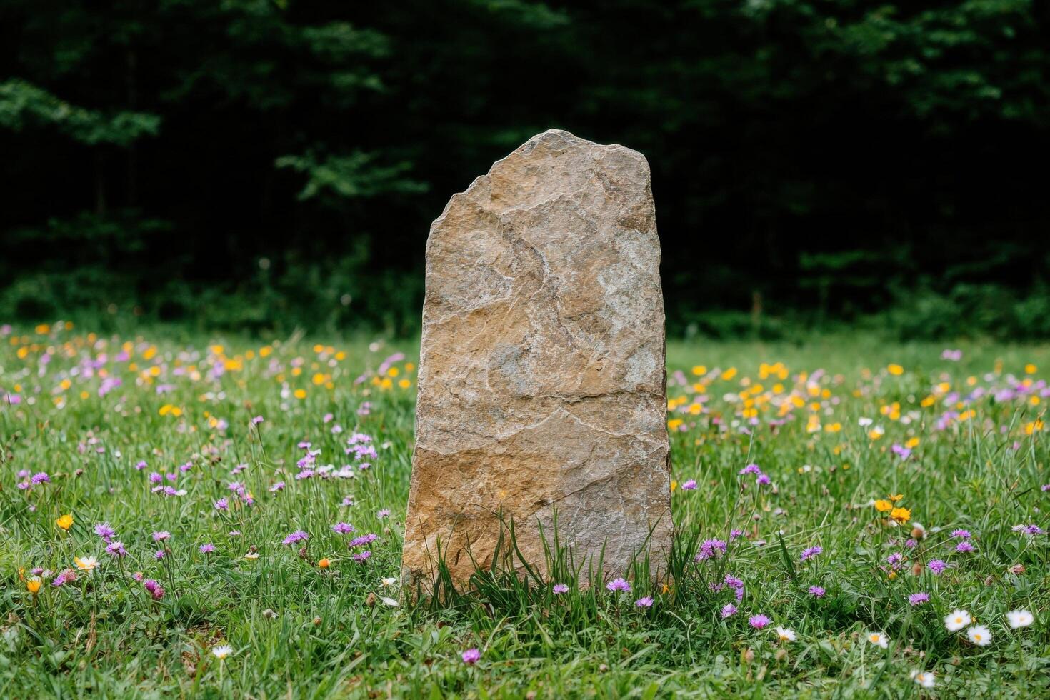 Serene natural landscape with large rock in field of wildflowers photo