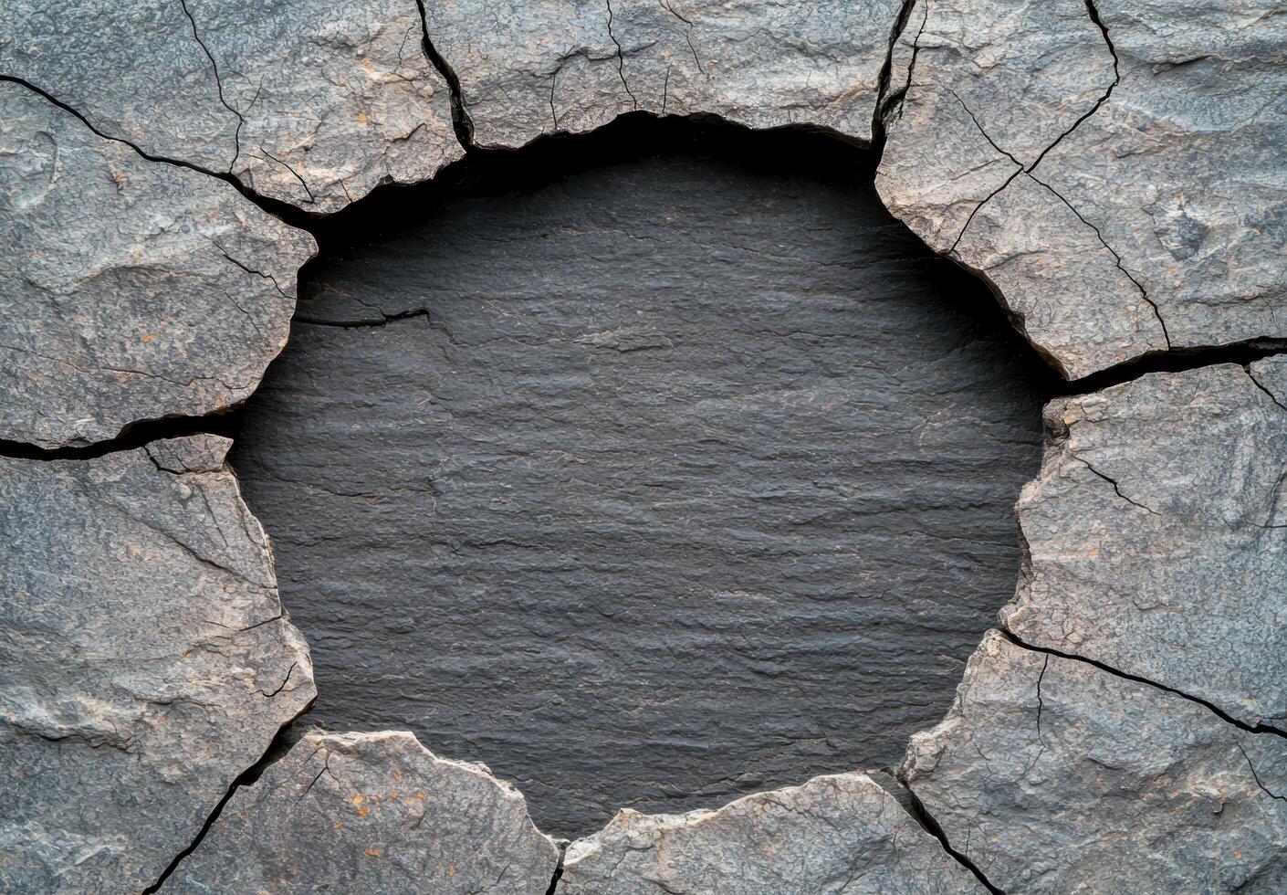Cracked rock surface with dark opening photo