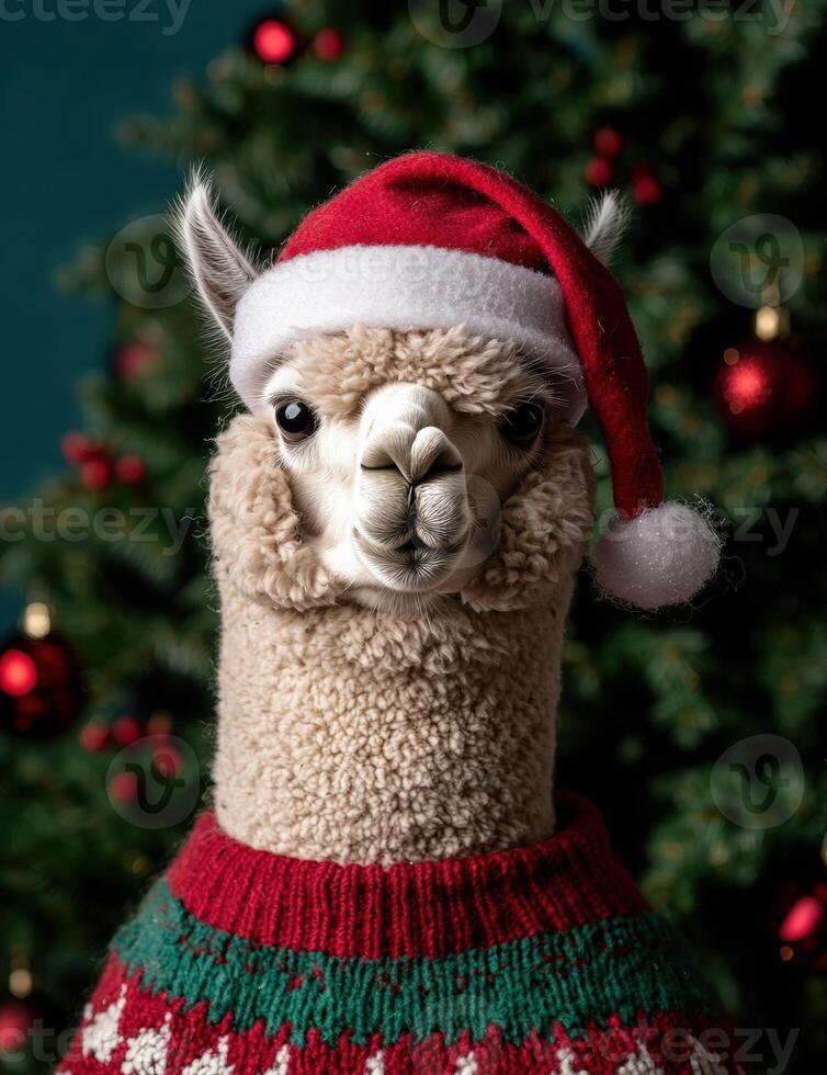 Cute Christmas llama with santa hat photo
