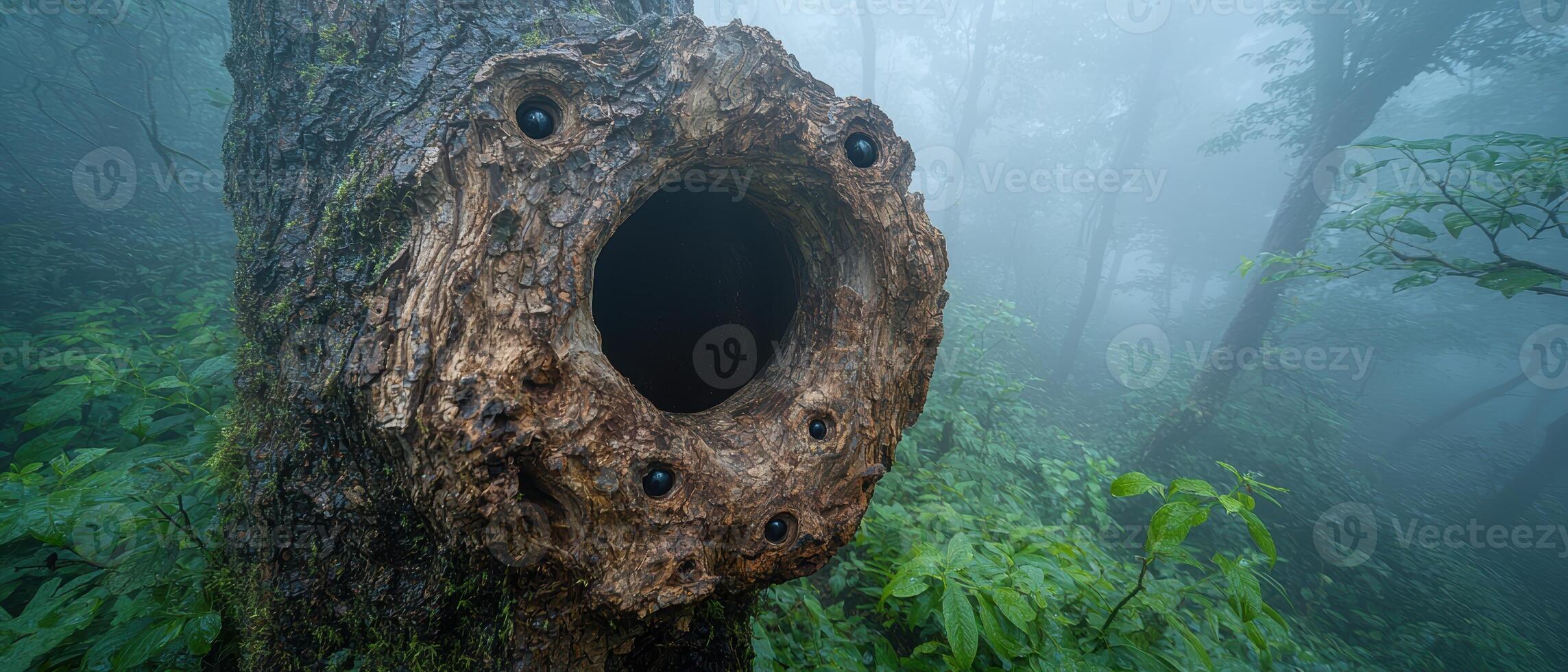 Mysterious tree hollow in misty forest photo