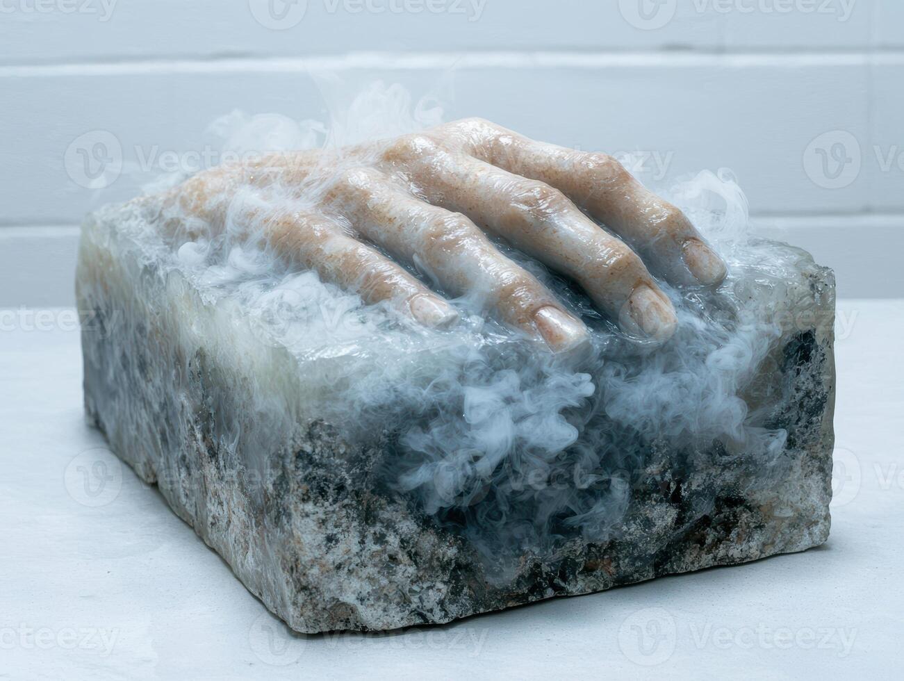 Frozen hand emerging from ice block photo