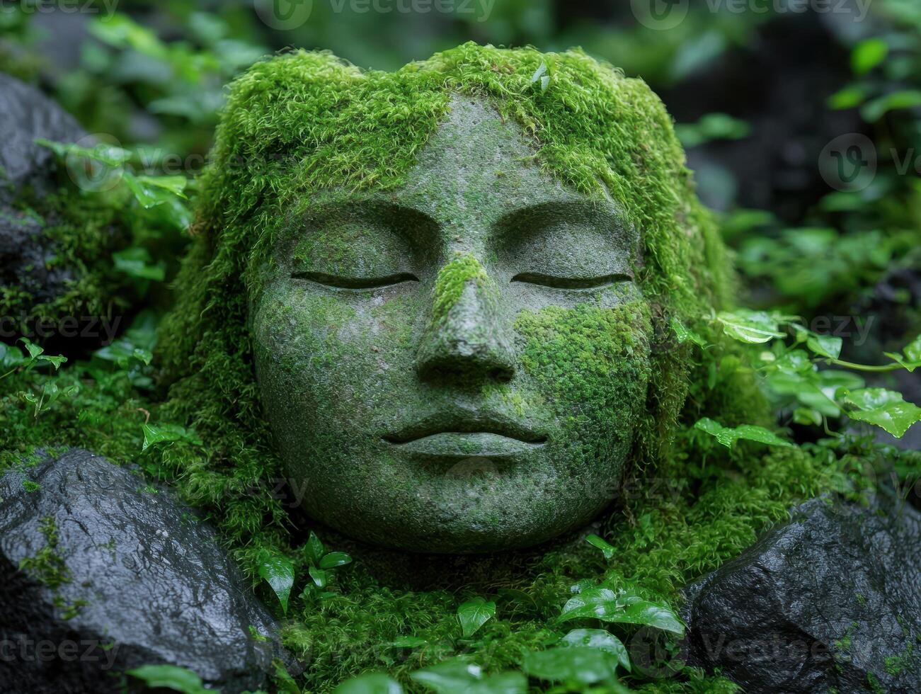 Serene moss covered stone buddha statue in lush green forest photo