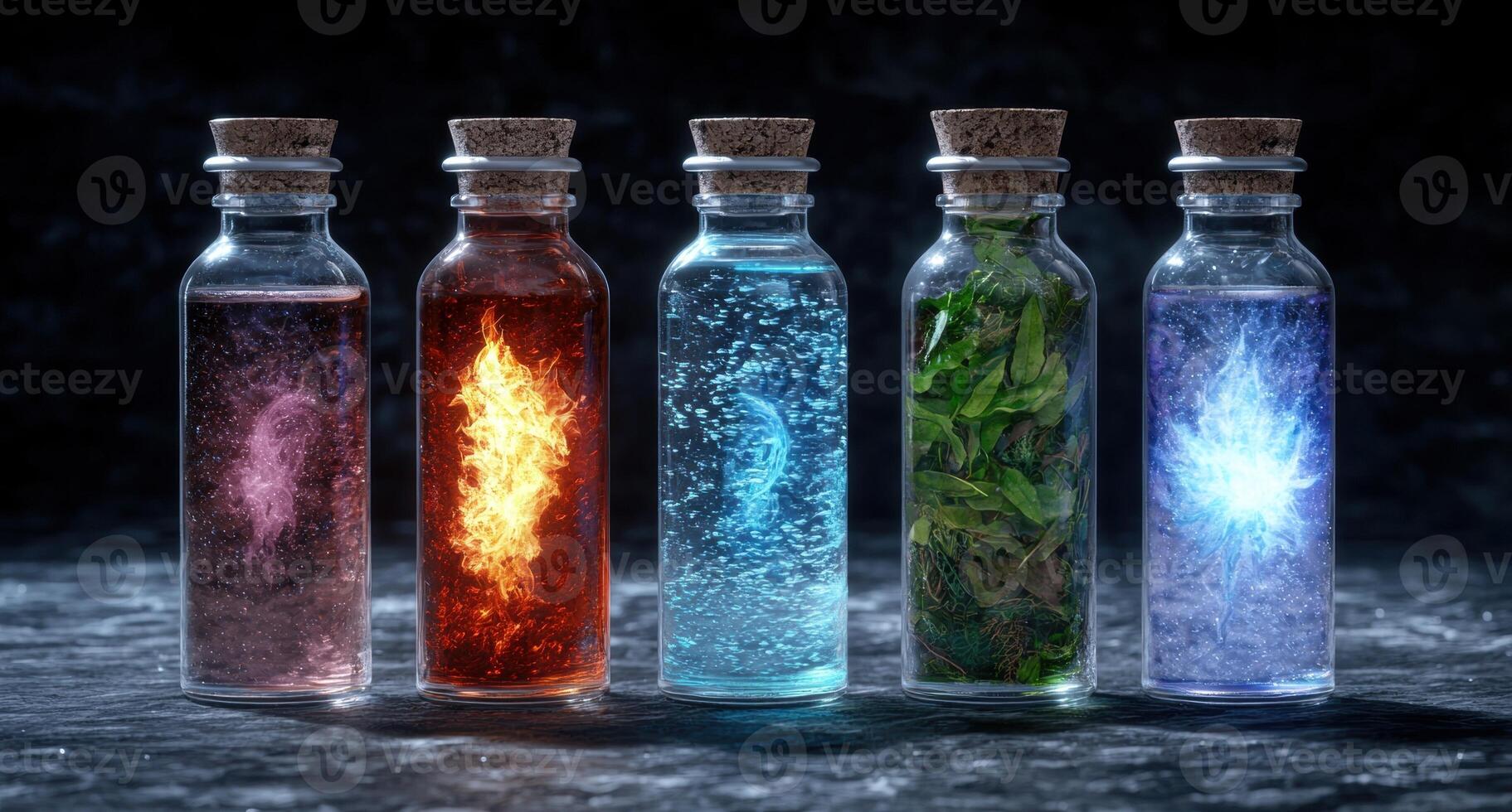 Elemental bottles with fire, water, air, and earth photo