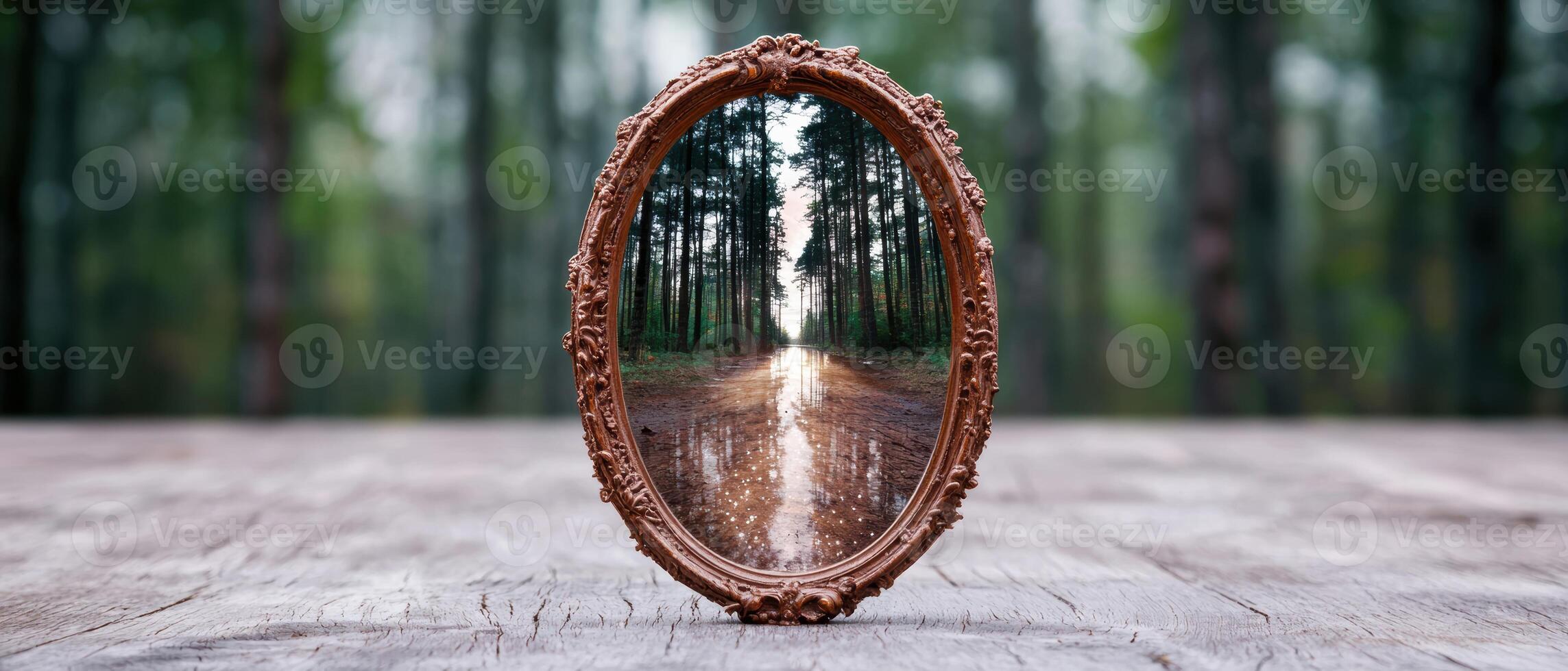 enchanted forest path reflected in ornate mirror frame photo