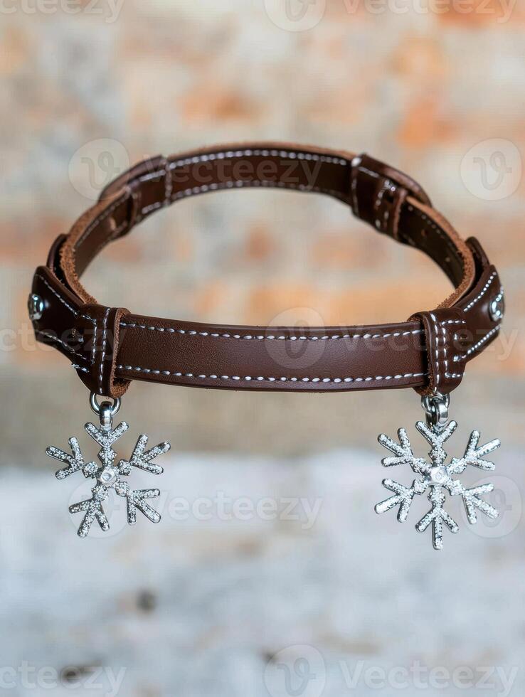 Leather dog collar with snowflake charms photo