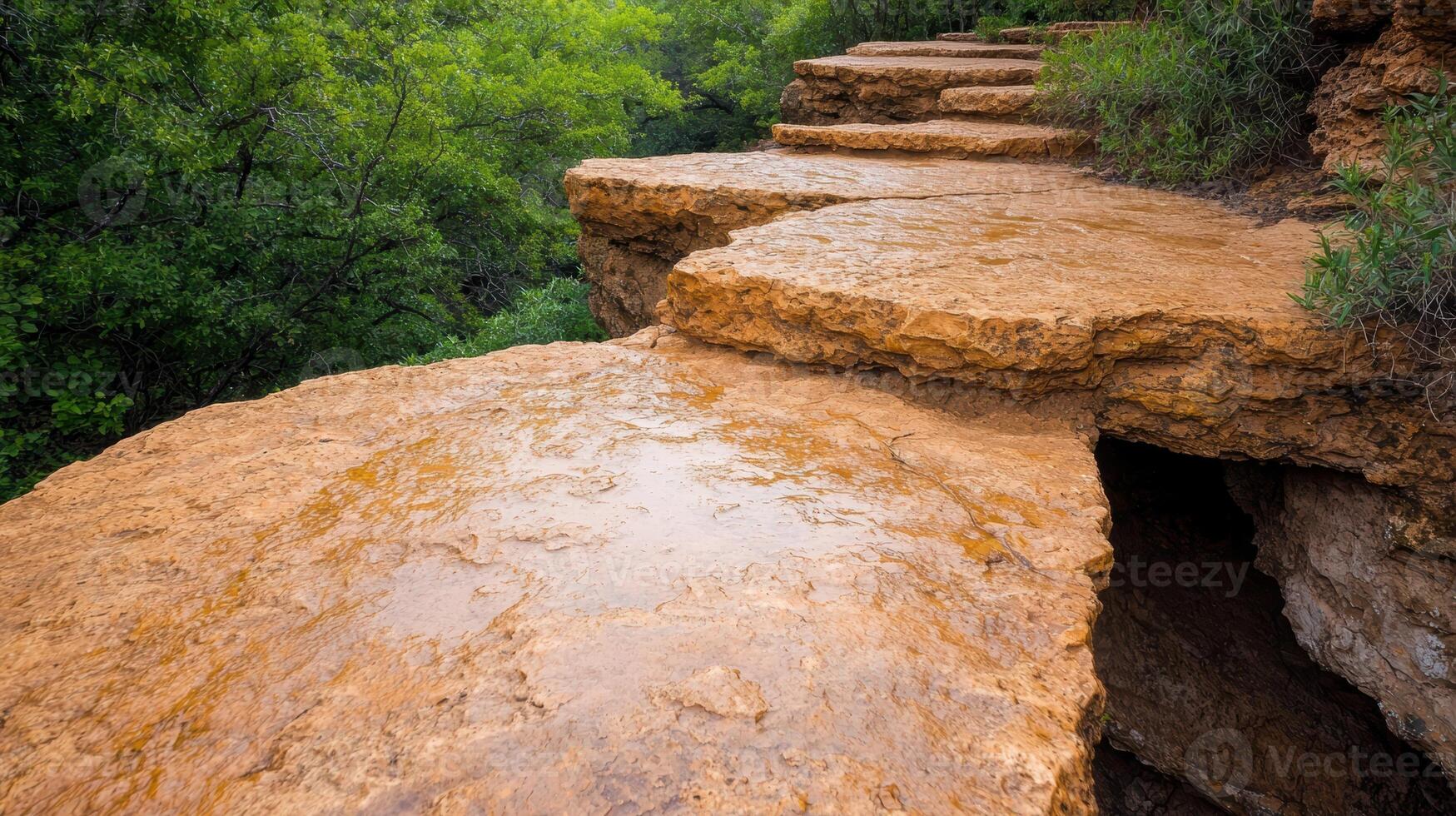 Winding stone steps in lush green forest photo