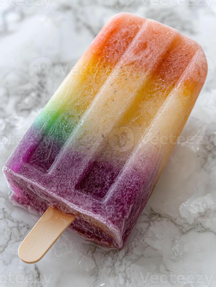 Colorful frozen fruit popsicle on ice photo