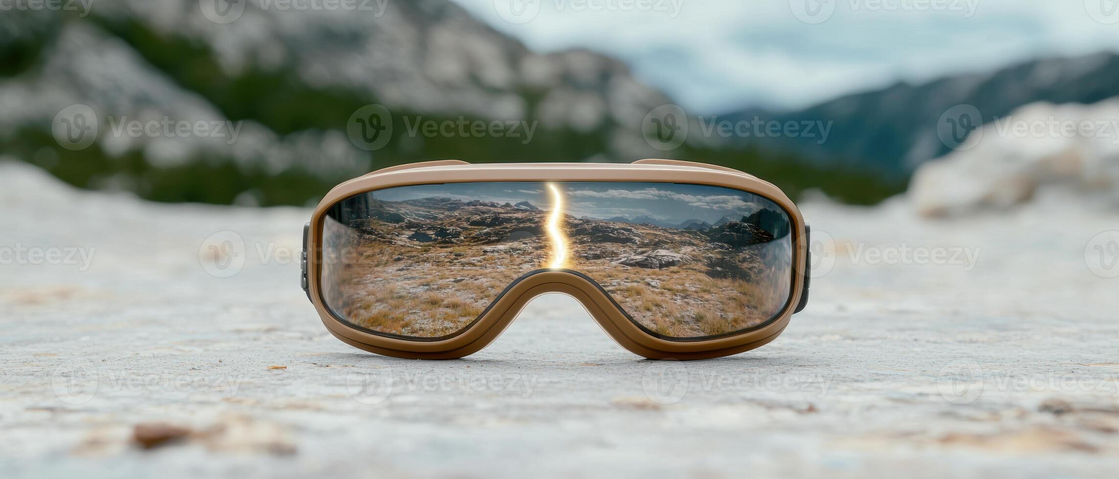 Majestic mountain landscape reflected in ski goggles photo