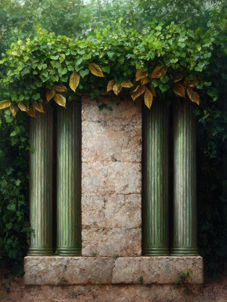 Ornate stone archway with golden leaves photo