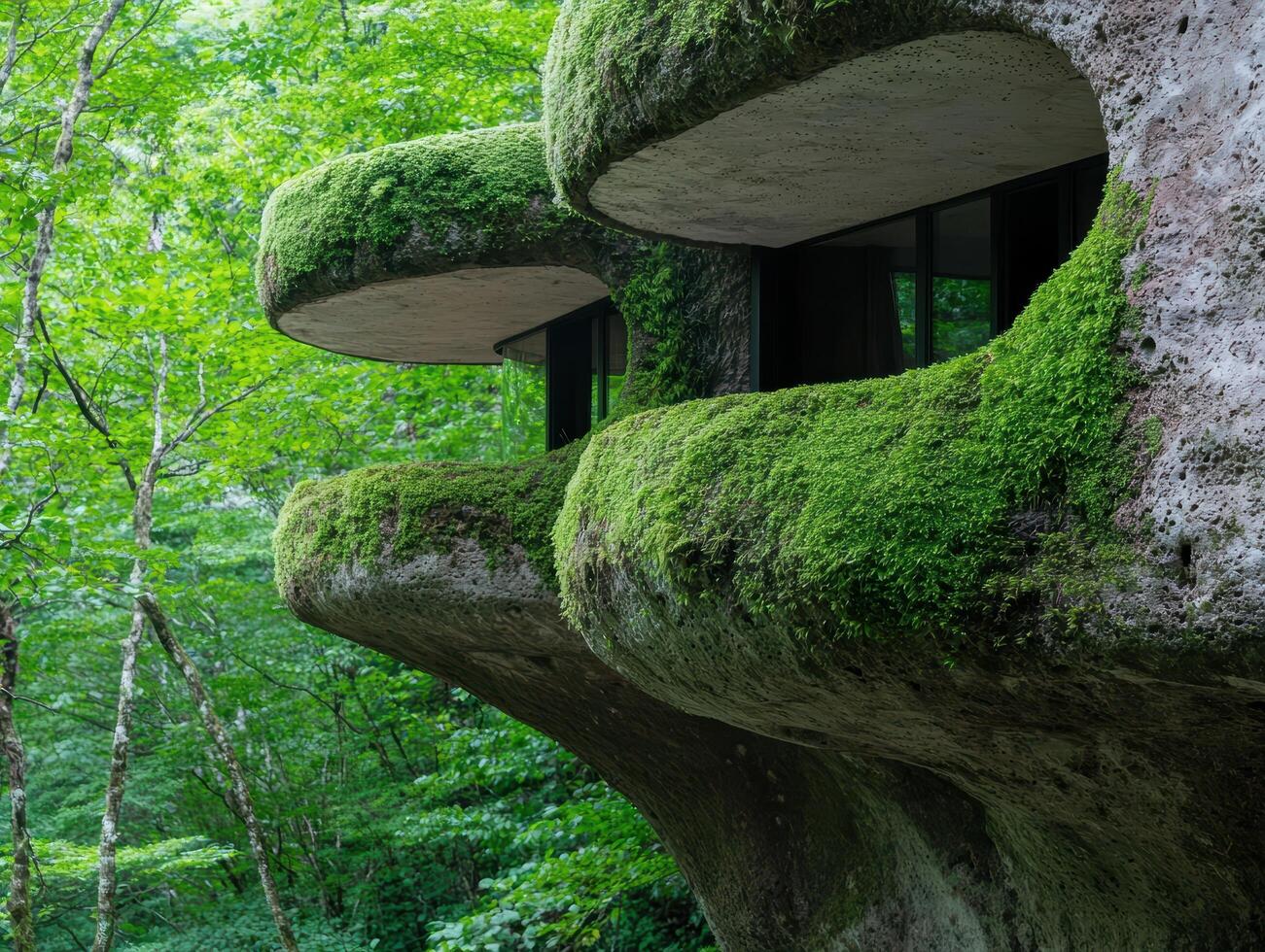 Moss covered mushroom shaped structure in lush forest photo