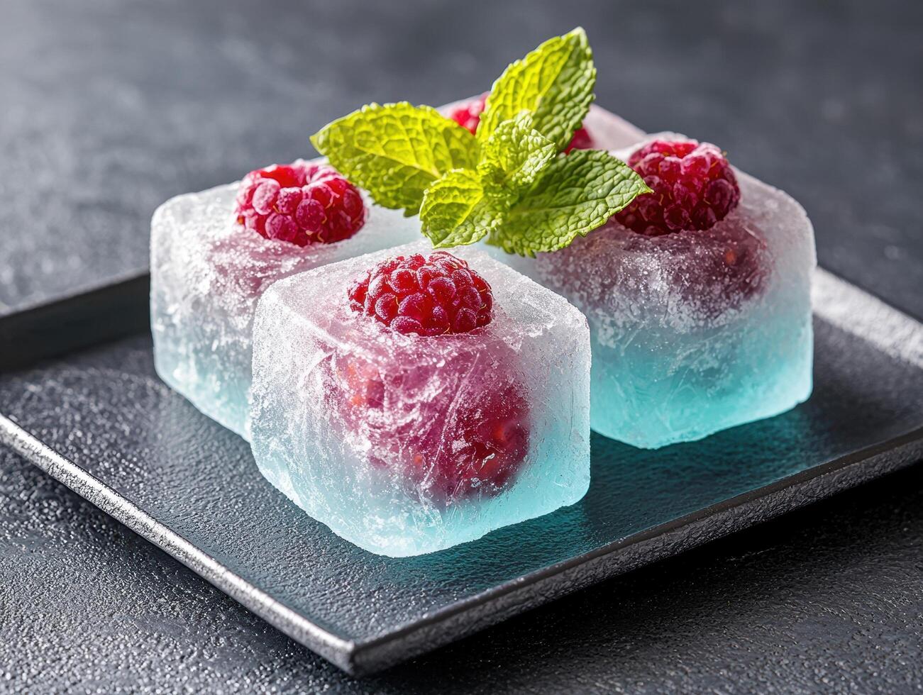 Refreshing frozen raspberry dessert cubes with mint leaves photo