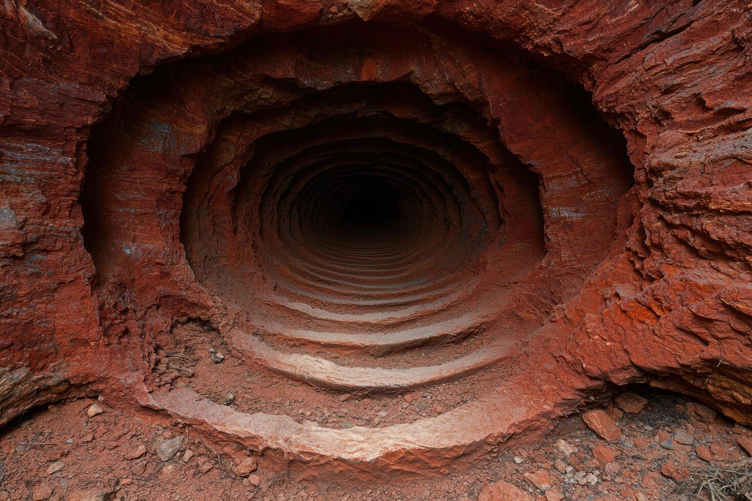 Mysterious underground tunnel in red rock formation photo