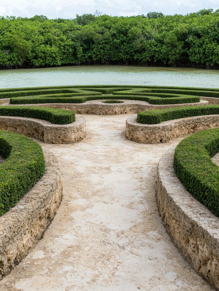 Lush green garden maze with stone paths photo