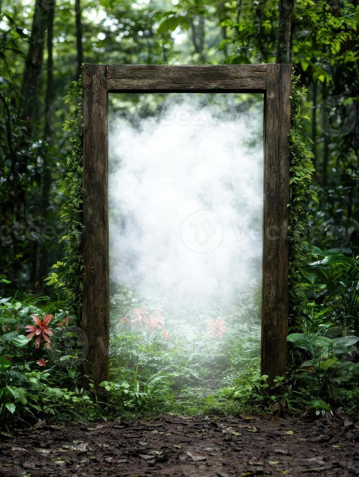 Enchanting forest gateway with lush greenery photo