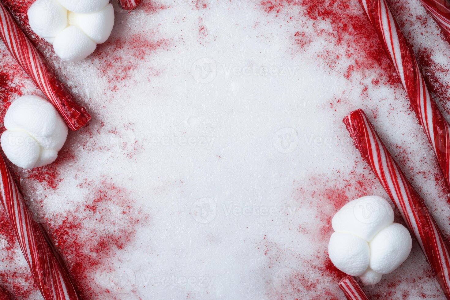 Festive winter background with marshmallows and candy canes photo