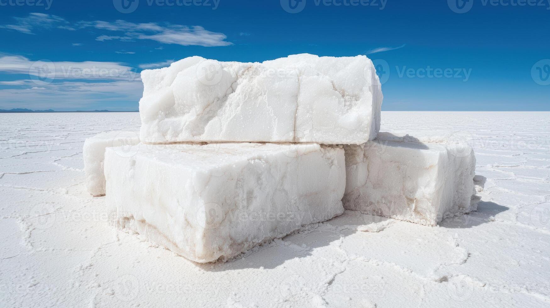 Massive salt blocks in the middle of a vast salt flat photo