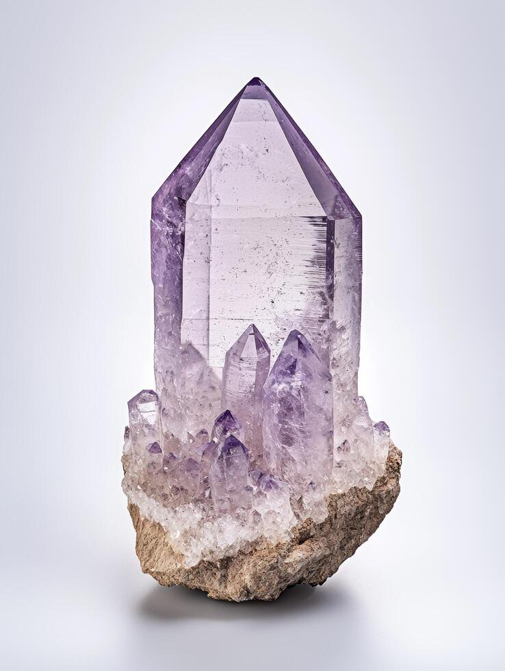 Stunning amethyst crystal cluster on rock photo