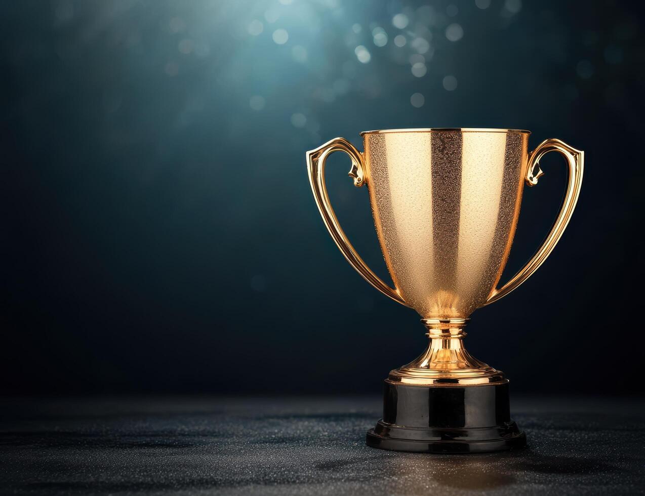 golden trophy cup on dark background with bokeh photo