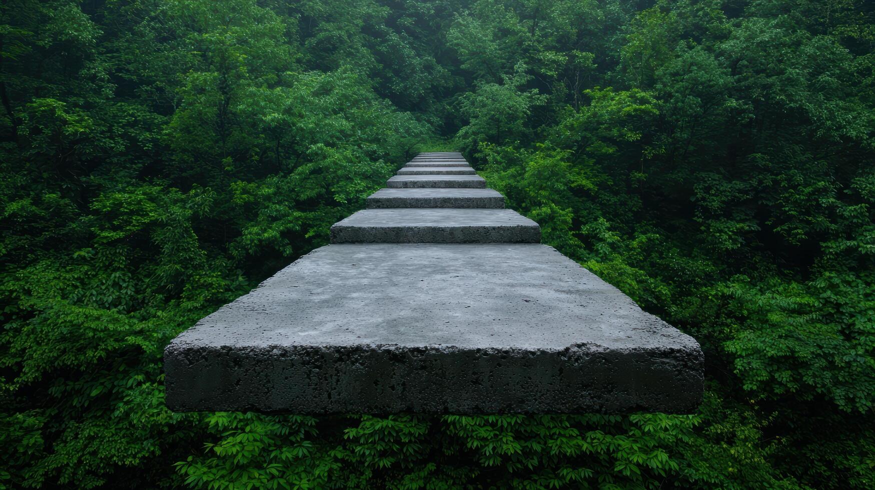 Serene stone stairway in lush green forest photo