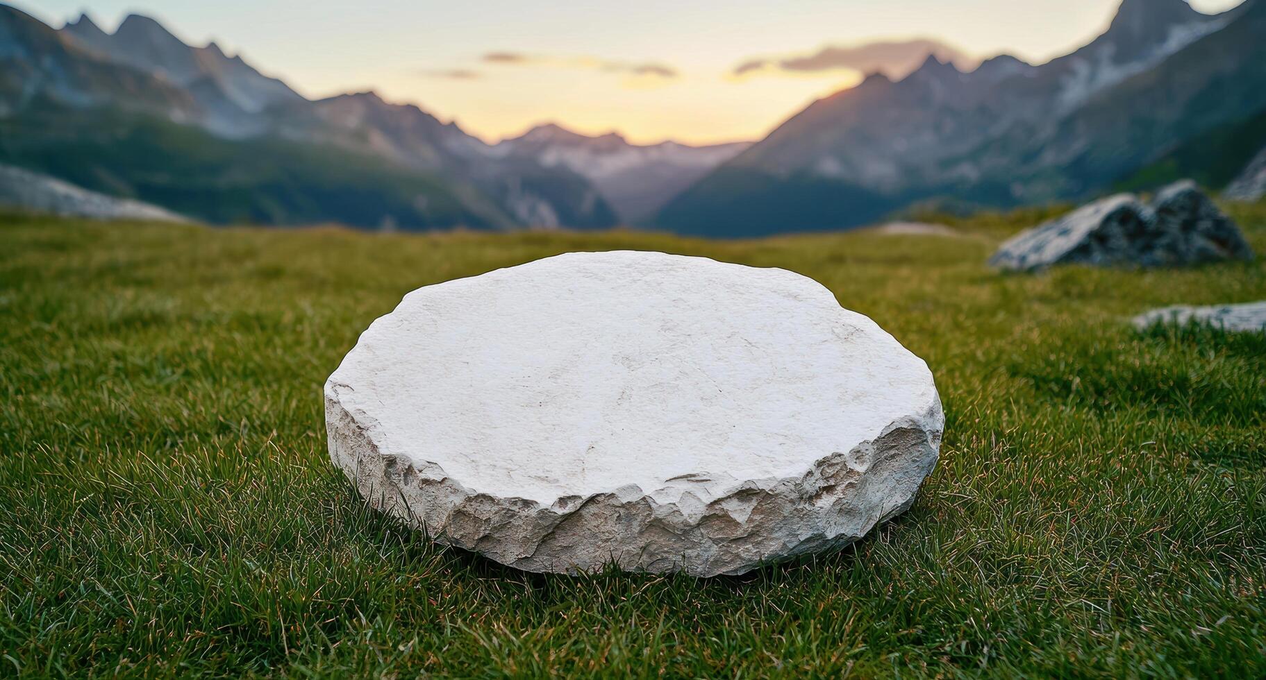Serene mountain landscape with large rock in foreground photo