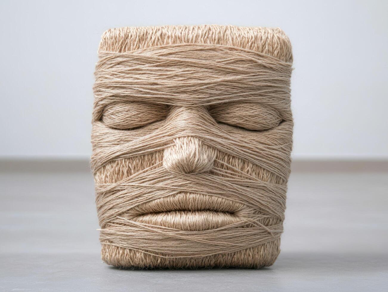 Mummy like sculpture made of beige yarn photo