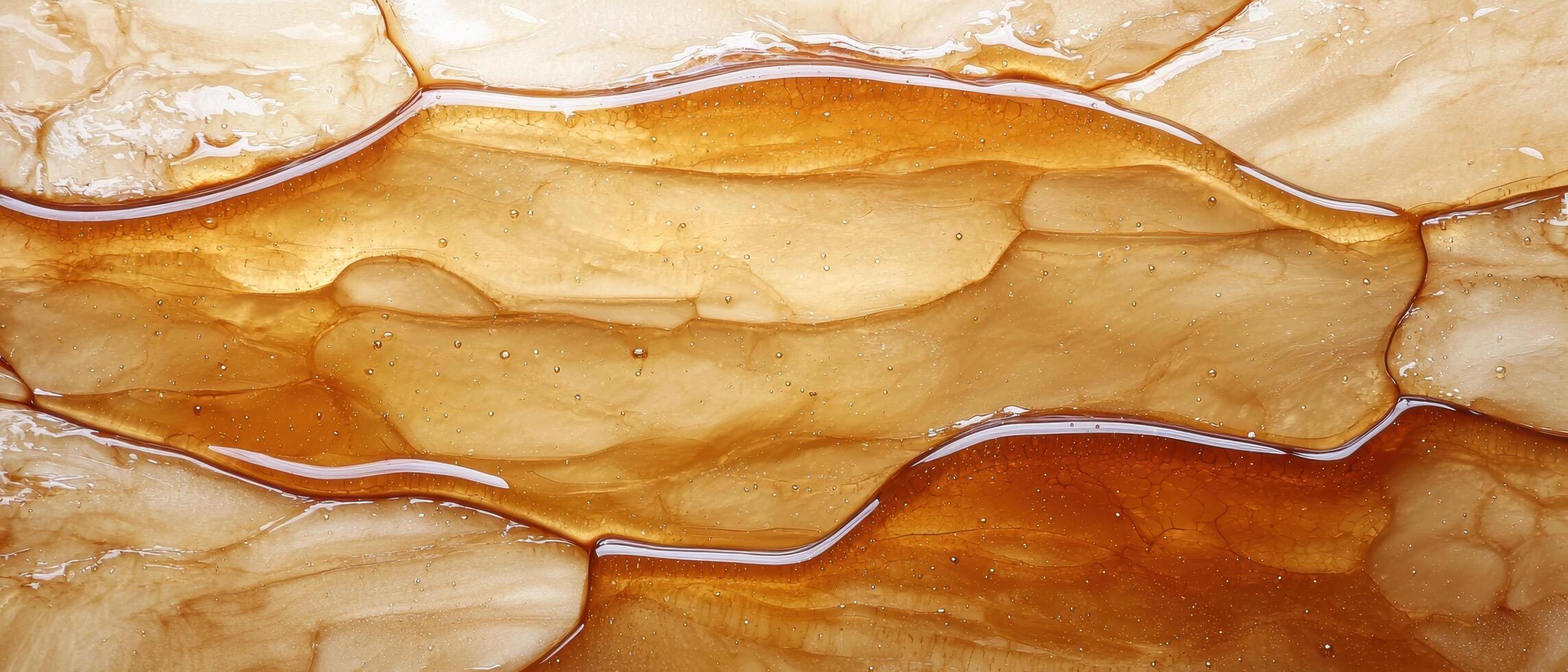 Closeup of amber colored honey or syrup with air bubbles photo