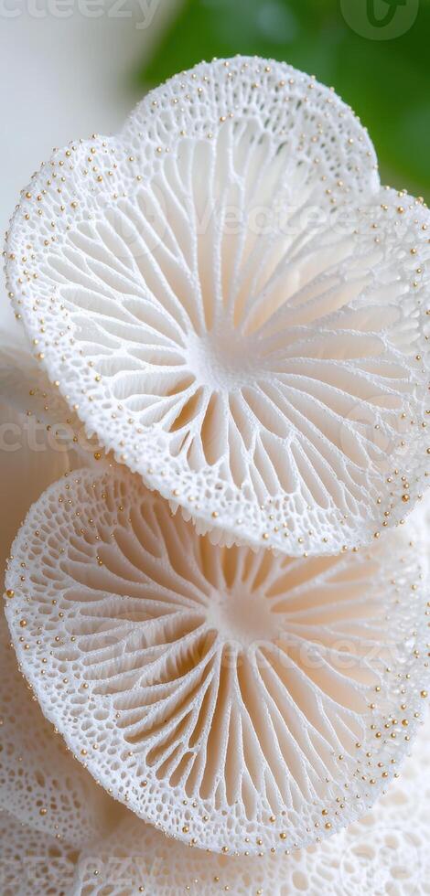 Intricate white mushroom with golden speckles photo