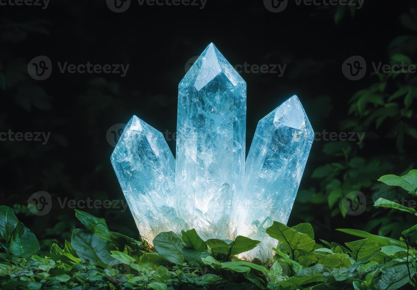 Glowing blue crystal quartz in lush green foliage photo