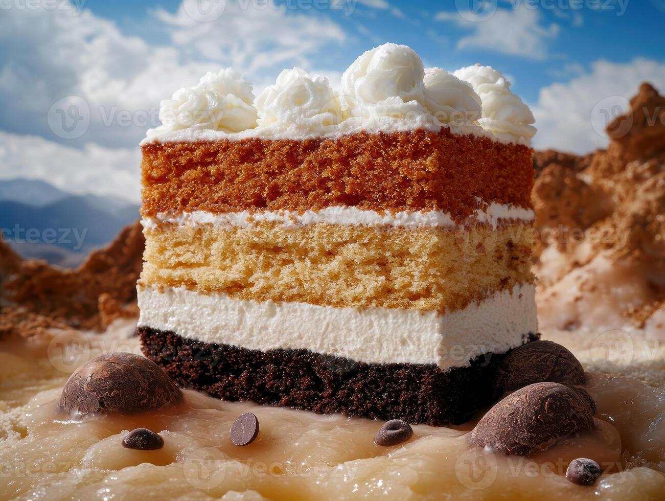 Delicious layered cake with creamy frosting and chocolate accents photo