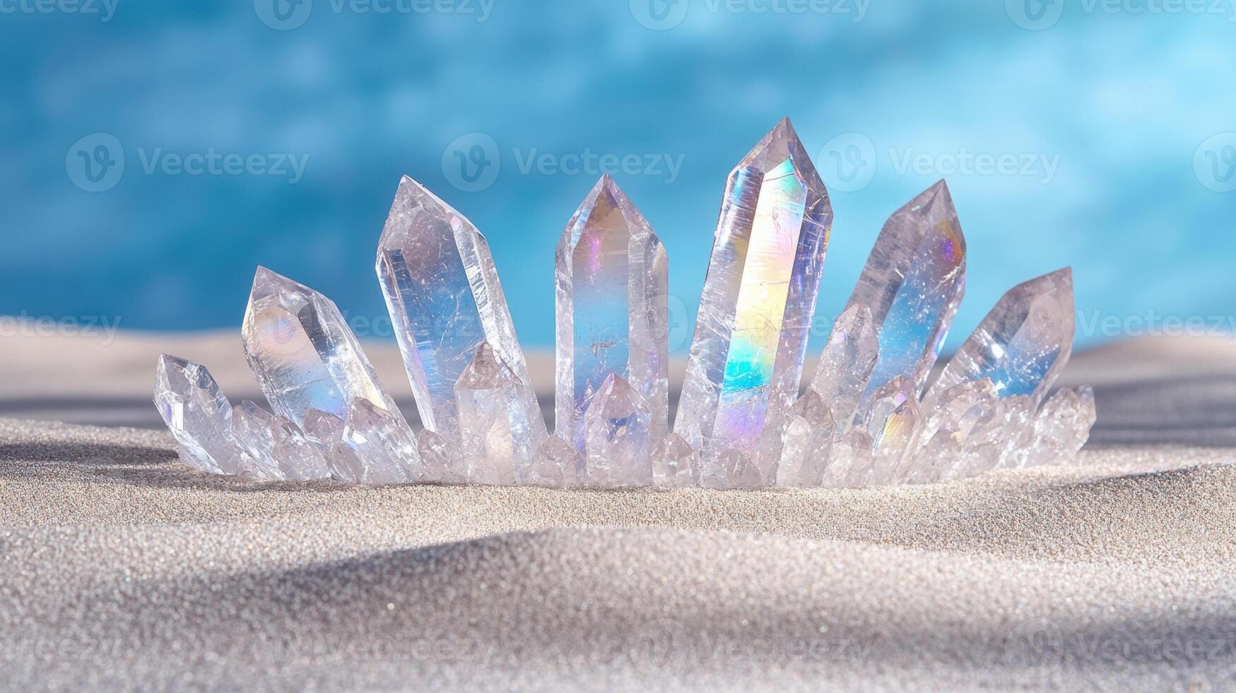 Sparkling quartz crystals on sandy beach photo
