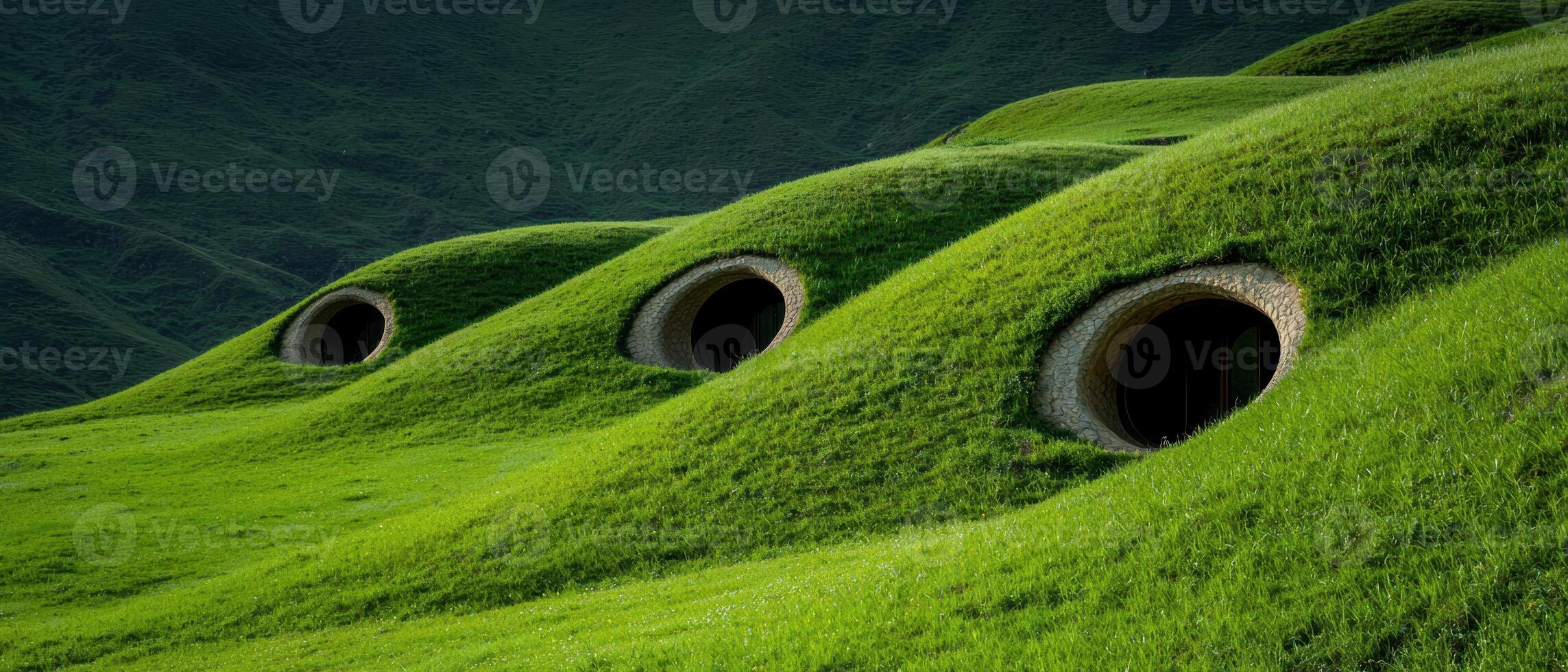 Mysterious green hills with hidden entrances photo