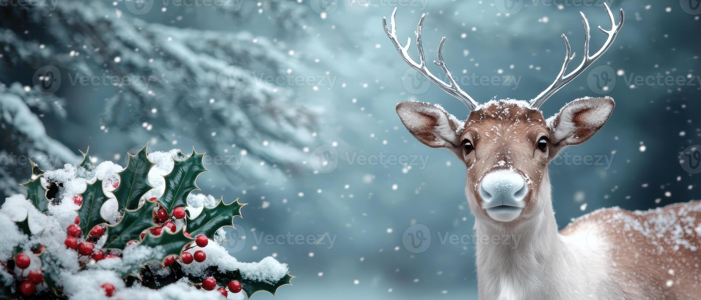 Snowy winter scene with deer and holly photo