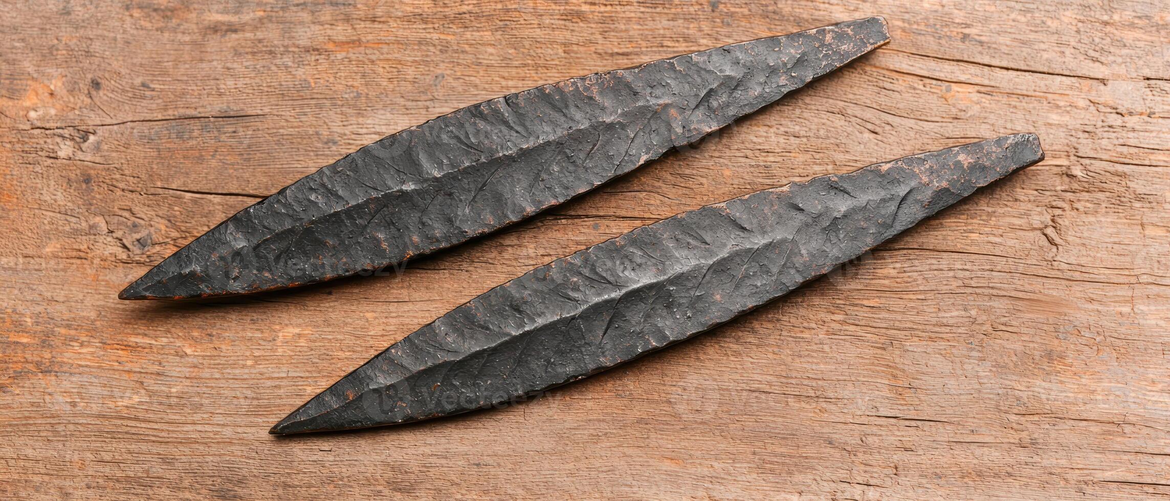 Primitive stone knives on wooden surface photo