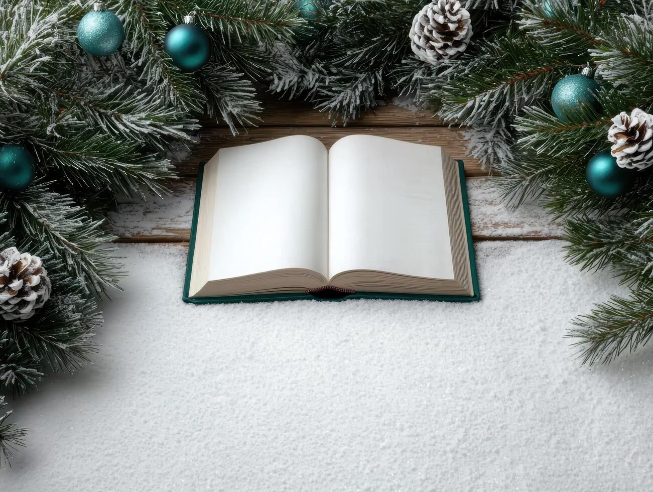 open book on winter snow with christmas decorations photo