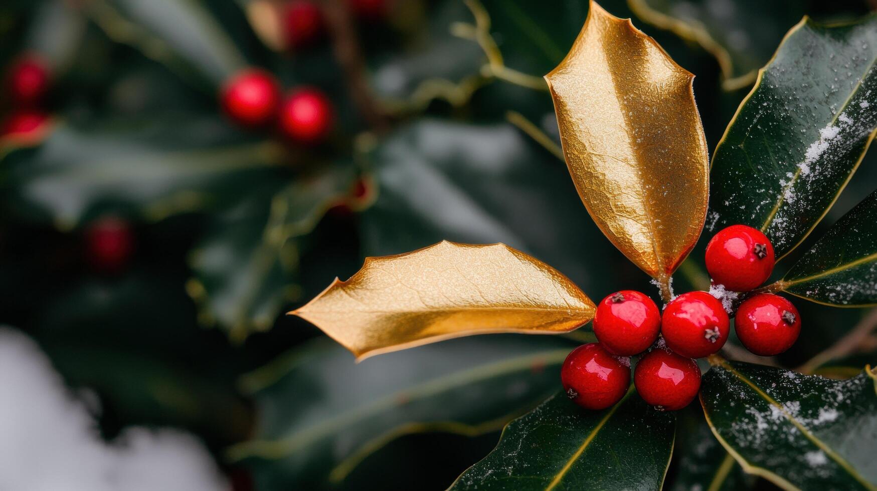 Festive holly with golden leaves and red berries photo