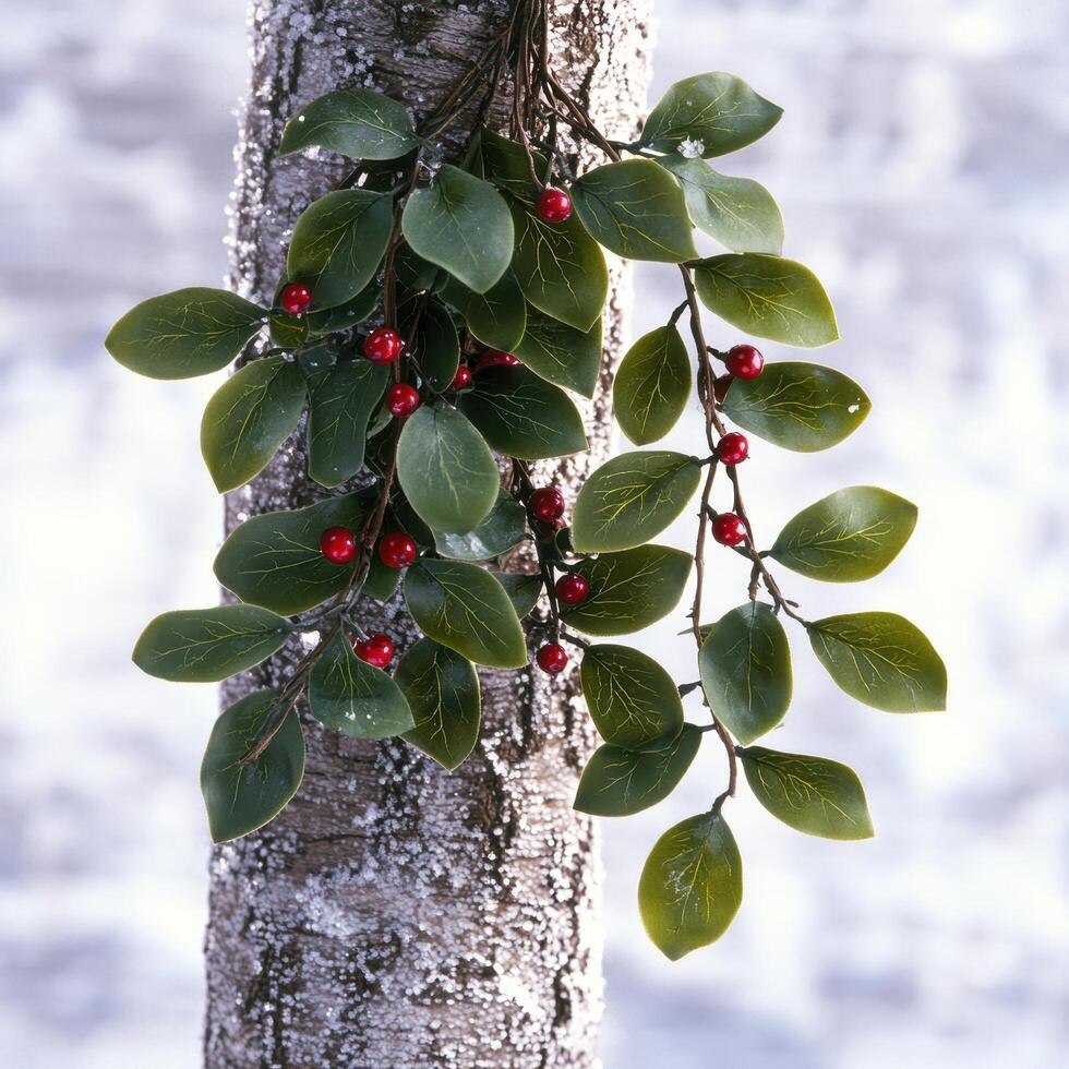 Evergreen leaves and red berries on tree branch photo
