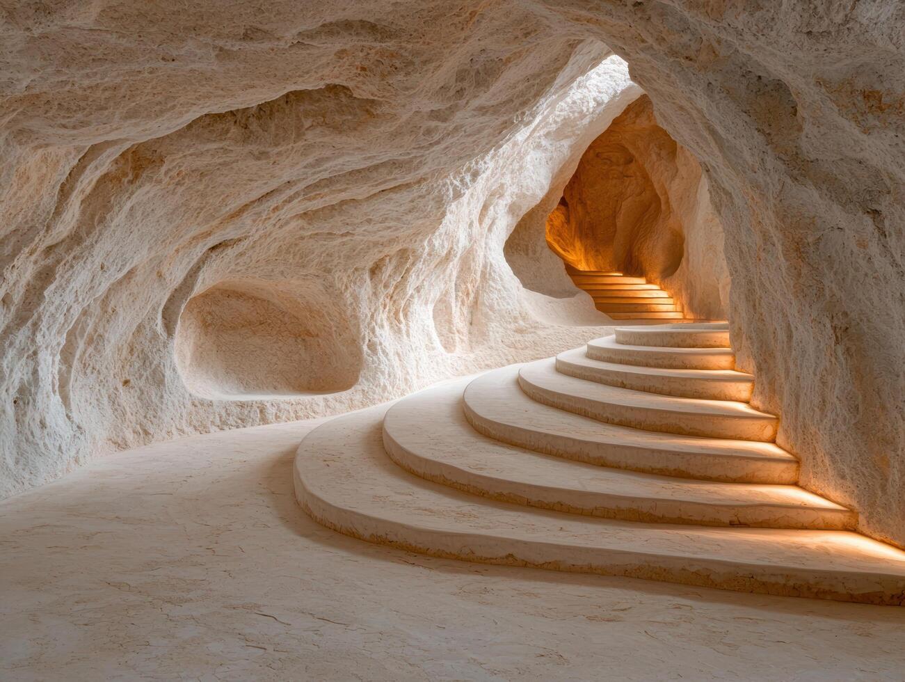 Illuminated staircase in a cave photo