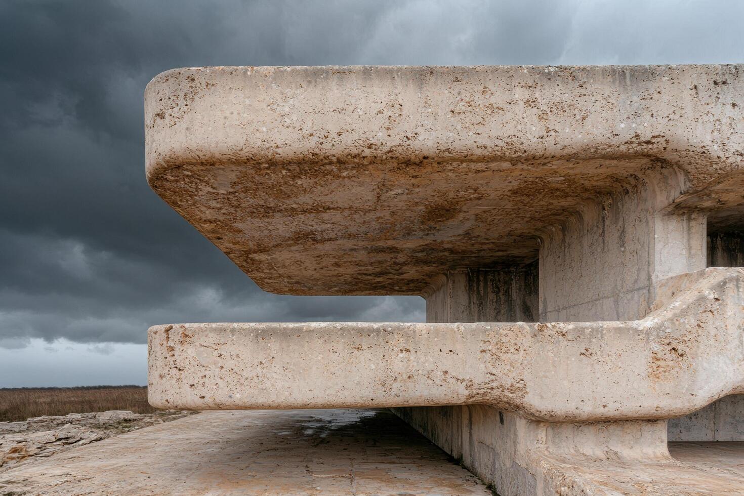 Abandoned concrete structure under stormy sky photo