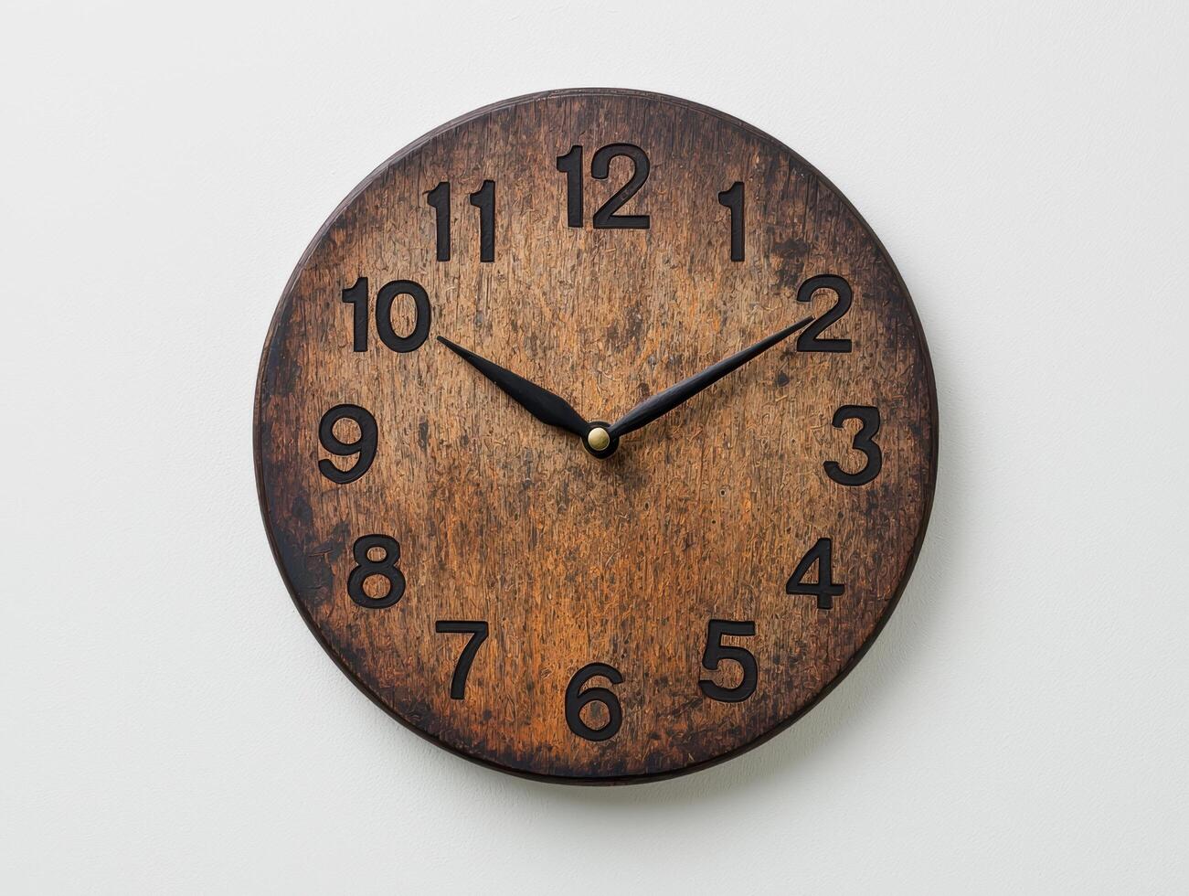 rustic wooden wall clock with black numbers photo