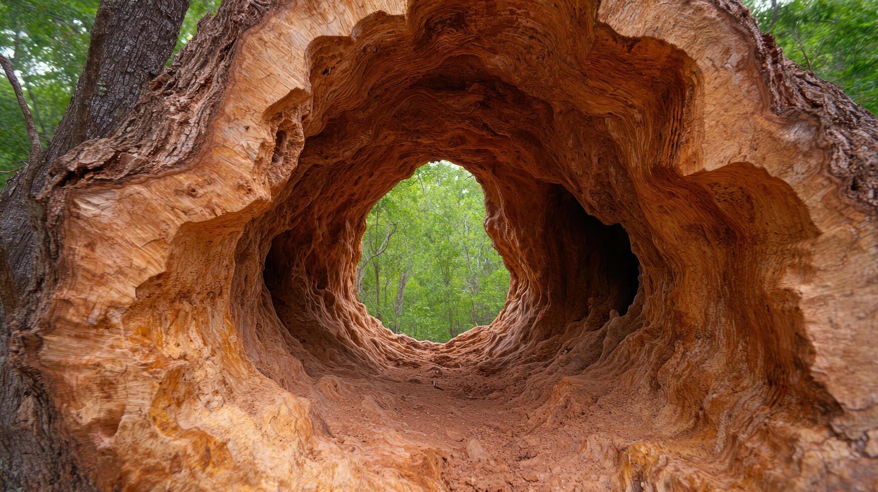 Intricate tree trunk arch in lush forest photo